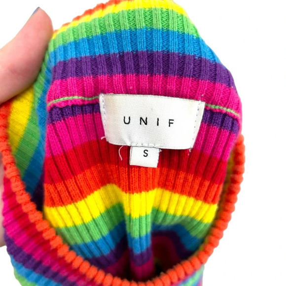 Unif UNIF Lenny Crop Top Short Sleeve Top Rainbow Stripe Turtleneck Size Small - Picture 6 of 8